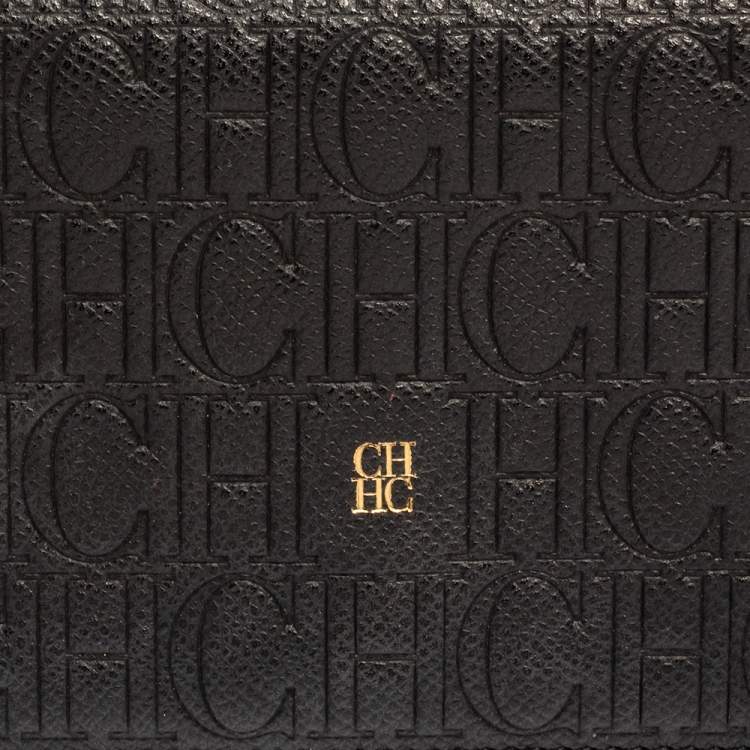 Pre Owned Carolina Herrera Black Monogram Embossed Leather Bifold Long Wallet