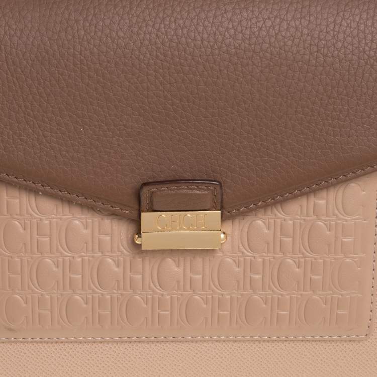Pre Owned Carolina Herrera Beige/Brown Monogram Embossed Leather Top Handle Bag