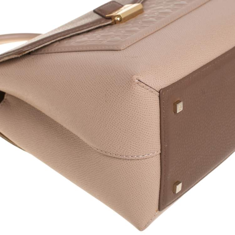 Pre Owned Carolina Herrera Beige/Brown Monogram Embossed Leather Top Handle Bag