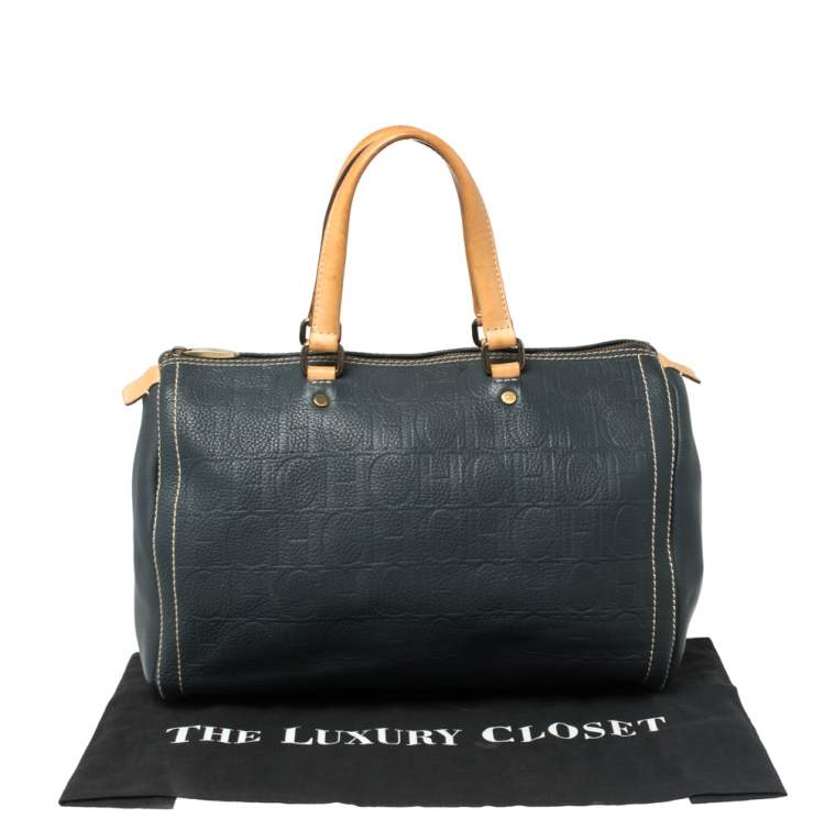 Pre Owned Carolina Herrera Navy Blue Monogram Leather Large Andy Boston Bag