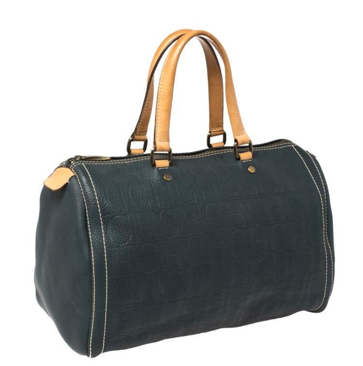 Pre Owned Carolina Herrera Navy Blue Monogram Leather Large Andy Boston Bag