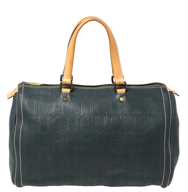 Pre Owned Carolina Herrera Navy Blue Monogram Leather Large Andy Boston Bag