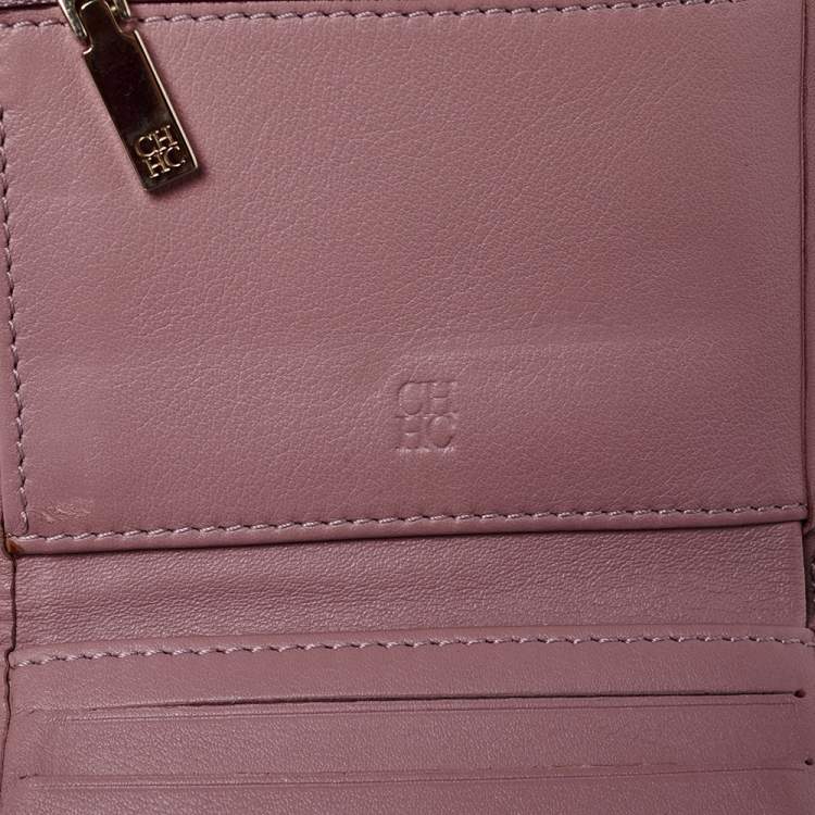 Pre Owned Carolina Herrera Nude Pink Quilted Leather Logo Flap Trifold Wallet