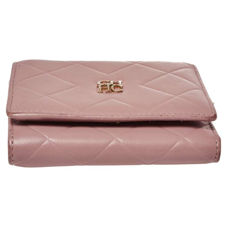 Pre Owned Carolina Herrera Nude Pink Quilted Leather Logo Flap Trifold Wallet