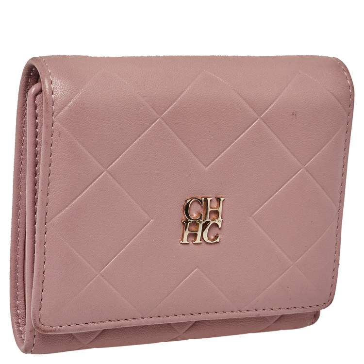 Pre Owned Carolina Herrera Nude Pink Quilted Leather Logo Flap Trifold Wallet