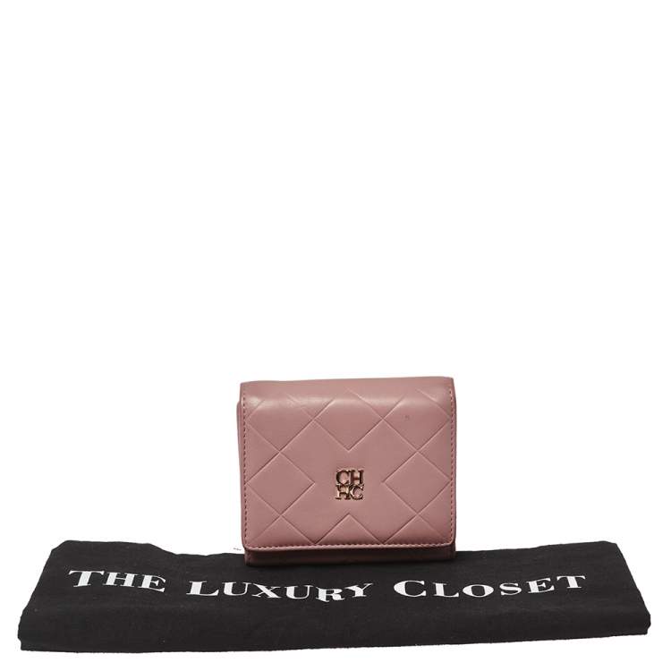 Pre Owned Carolina Herrera Nude Pink Quilted Leather Logo Flap Trifold Wallet