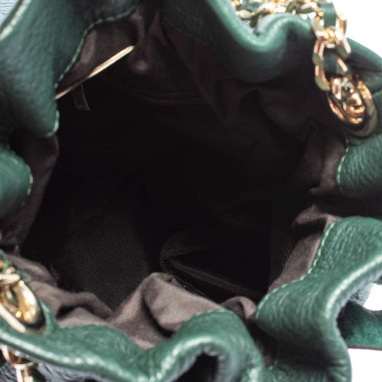 Pre Owned Carolina Herrera Dark Green Monogram Embossed Leather Bow Bucket Shoulder Bag