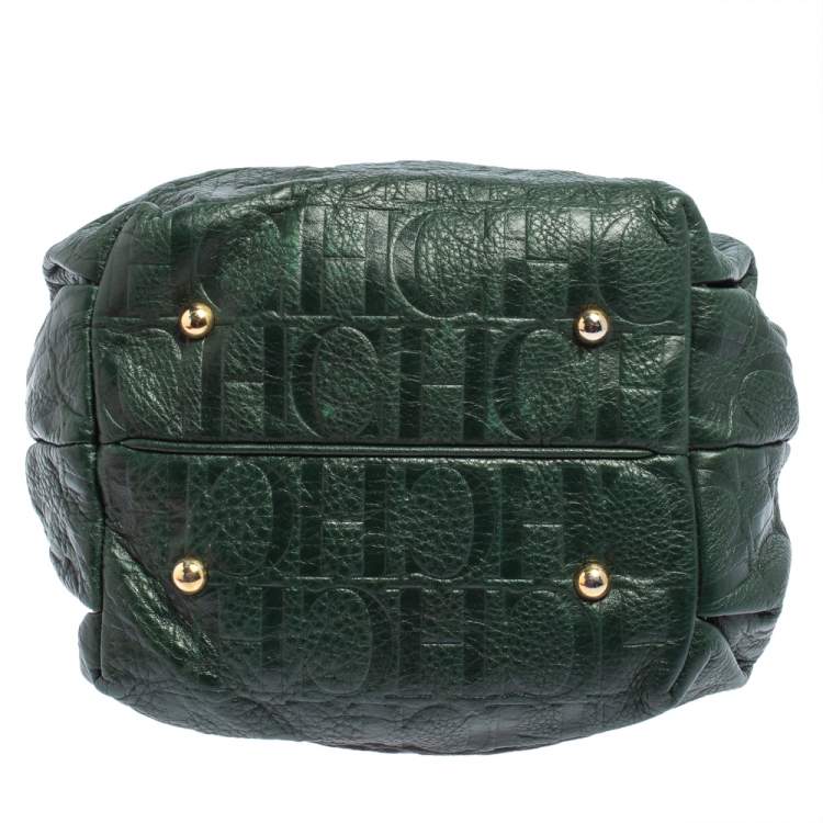 Pre Owned Carolina Herrera Dark Green Monogram Embossed Leather Bow Bucket Shoulder Bag