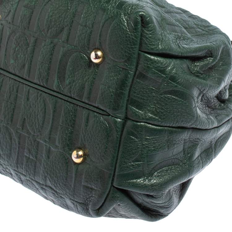 Pre Owned Carolina Herrera Dark Green Monogram Embossed Leather Bow Bucket Shoulder Bag