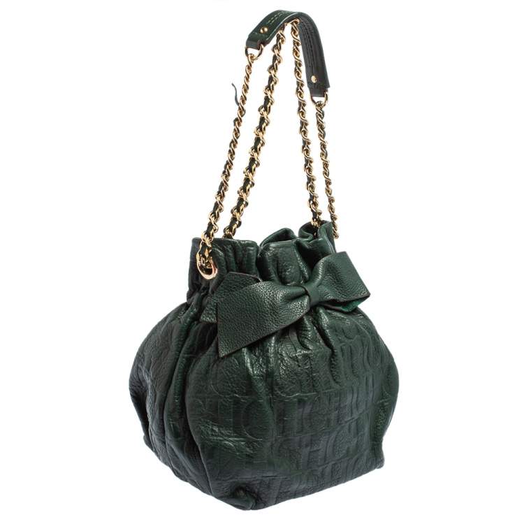 Pre Owned Carolina Herrera Dark Green Monogram Embossed Leather Bow Bucket Shoulder Bag