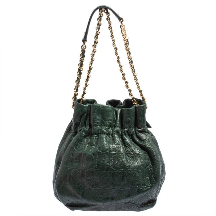 Pre Owned Carolina Herrera Dark Green Monogram Embossed Leather Bow Bucket Shoulder Bag