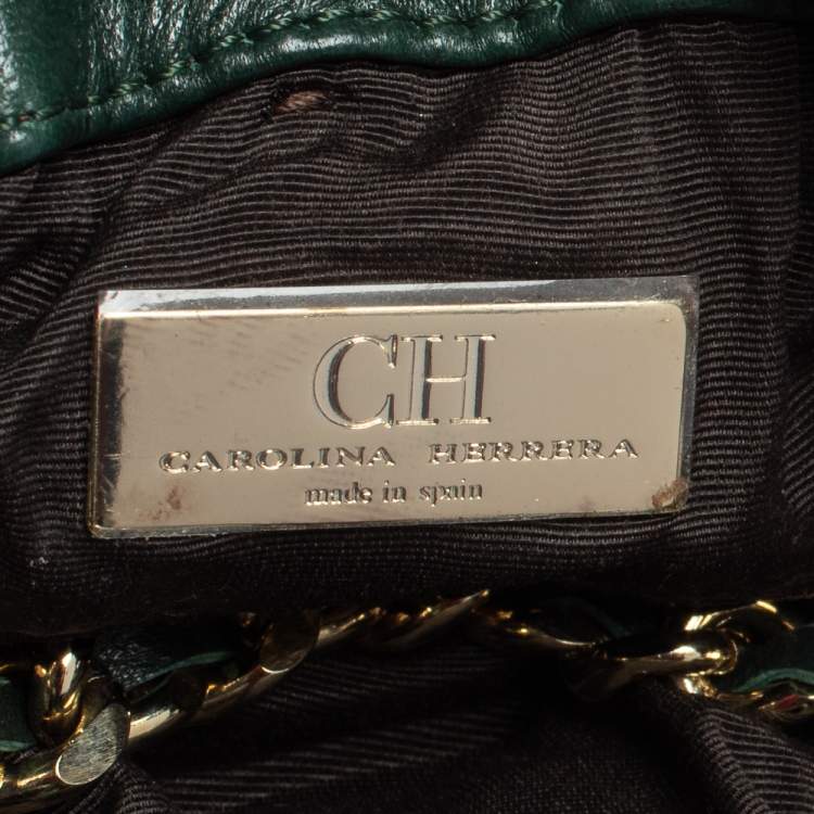 Pre Owned Carolina Herrera Dark Green Monogram Embossed Leather Bow Bucket Shoulder Bag