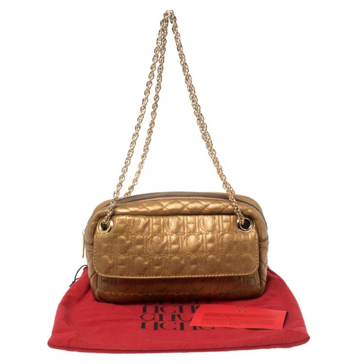 Pre Owned Carolina Herrera Bronze Leather Monogram Camera Bag