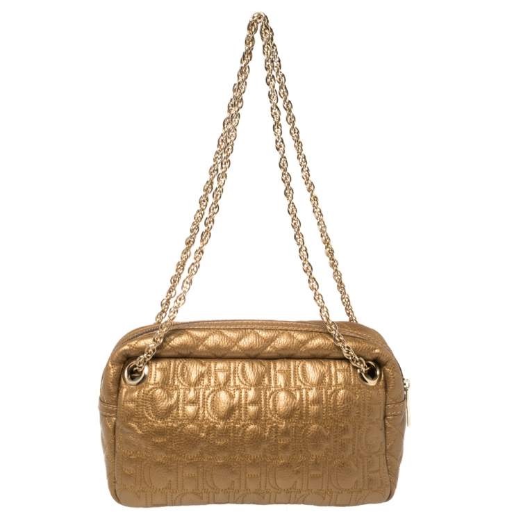 Pre Owned Carolina Herrera Bronze Leather Monogram Camera Bag