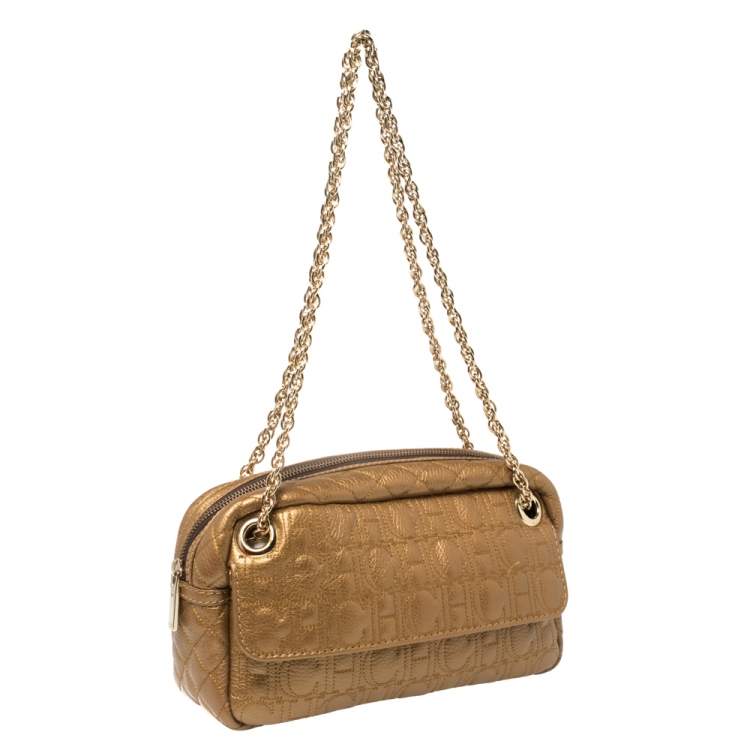 Pre Owned Carolina Herrera Bronze Leather Monogram Camera Bag