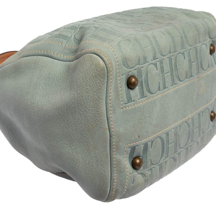 Pre Owned Carolina Herrera Powder Blue Monogram Embossed Leather Andy Boston Bag