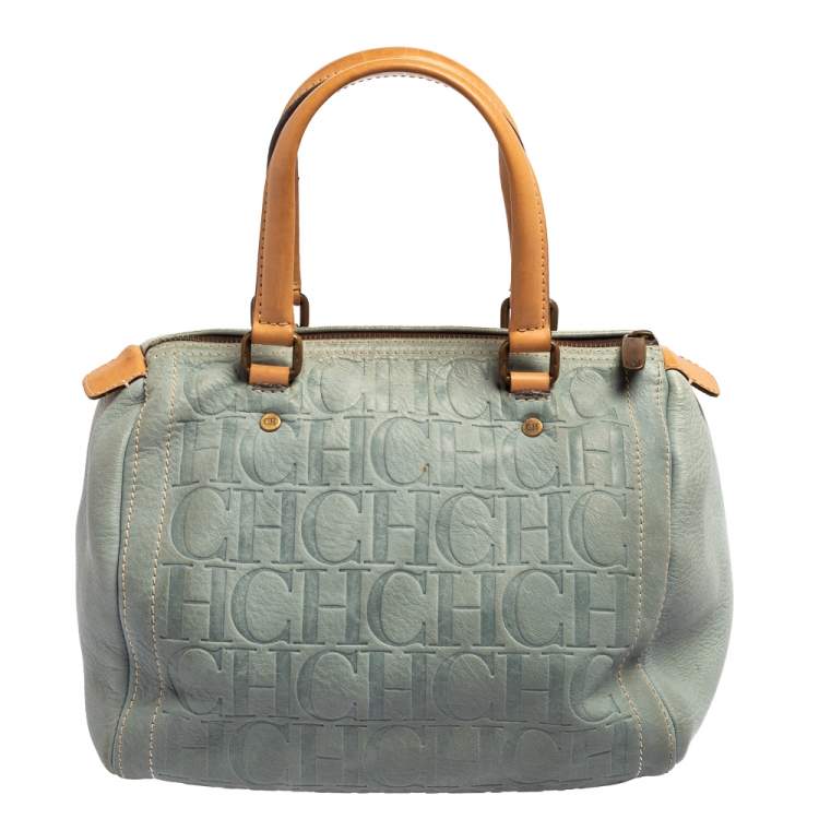 Pre Owned Carolina Herrera Powder Blue Monogram Embossed Leather Andy Boston Bag