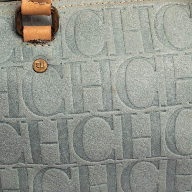 Pre Owned Carolina Herrera Powder Blue Monogram Embossed Leather Andy Boston Bag