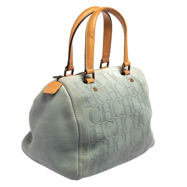 Pre Owned Carolina Herrera Powder Blue Monogram Embossed Leather Andy Boston Bag