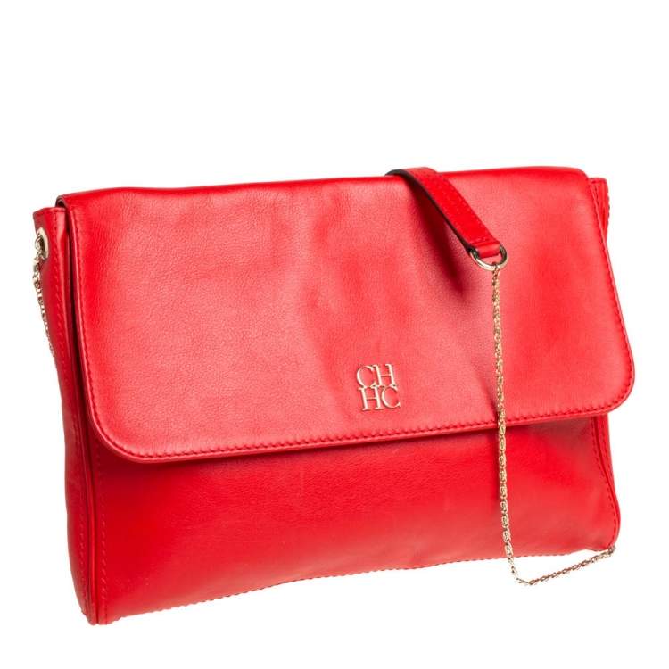 Pre Owned Carolina Herrera Crimson Red Leather Flap Chain Shoulder Bag