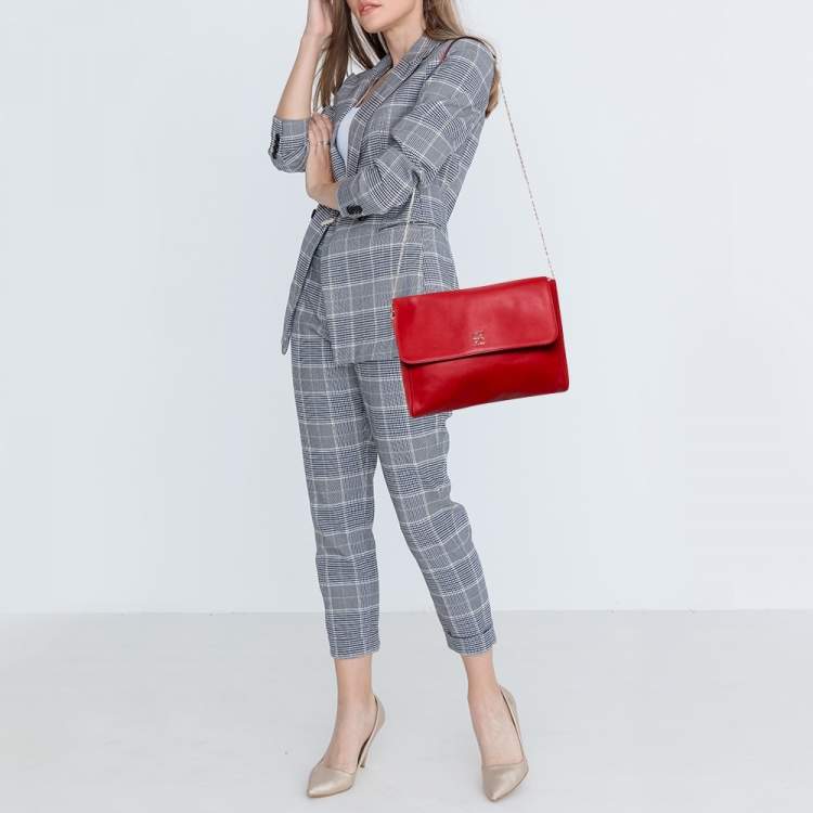 Pre Owned Carolina Herrera Crimson Red Leather Flap Chain Shoulder Bag