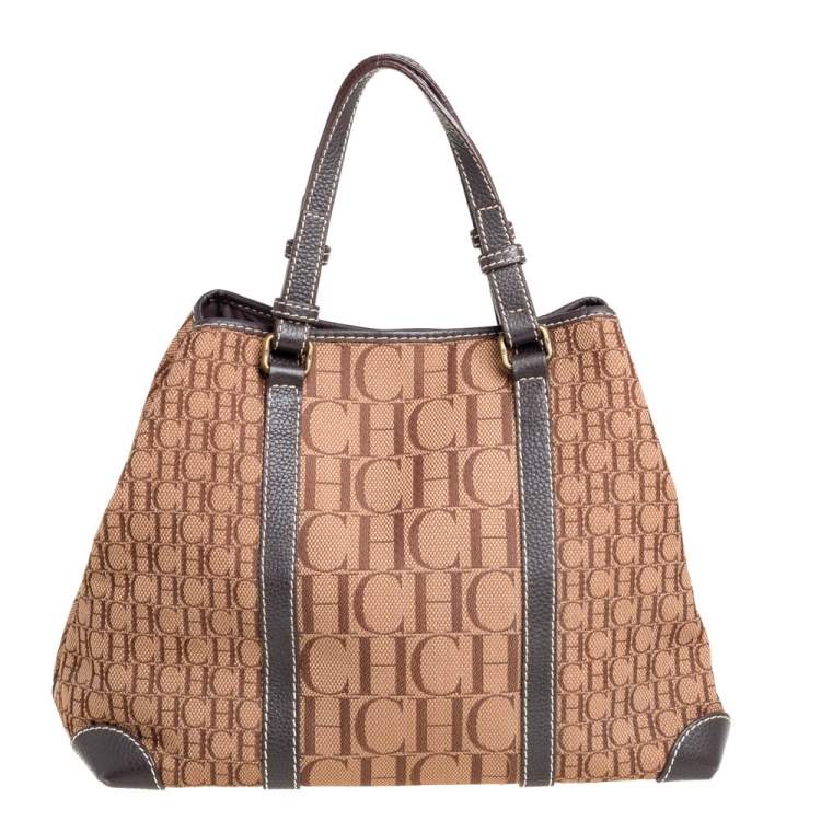 Pre Owned Carolina Herrera Brown Monogram Canvas and Leather Tote