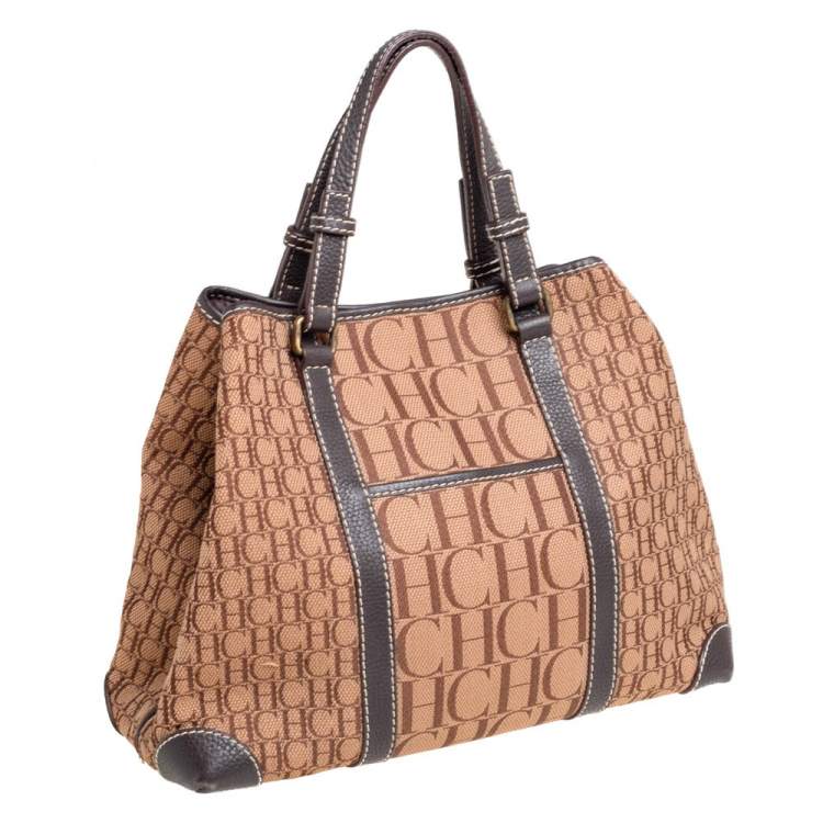 Pre Owned Carolina Herrera Brown Monogram Canvas and Leather Tote
