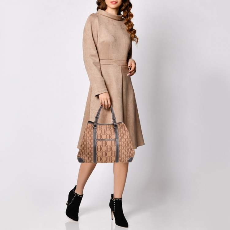 Pre Owned Carolina Herrera Brown Monogram Canvas and Leather Tote