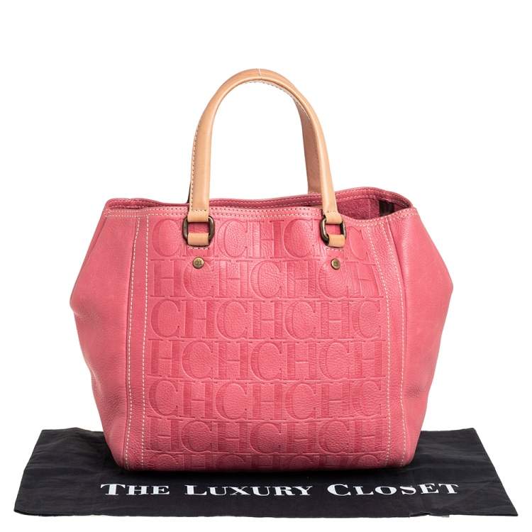 Pre Owned Carolina Herrera Pink Monogram Leather Tote 