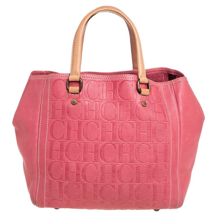 Pre Owned Carolina Herrera Pink Monogram Leather Tote 