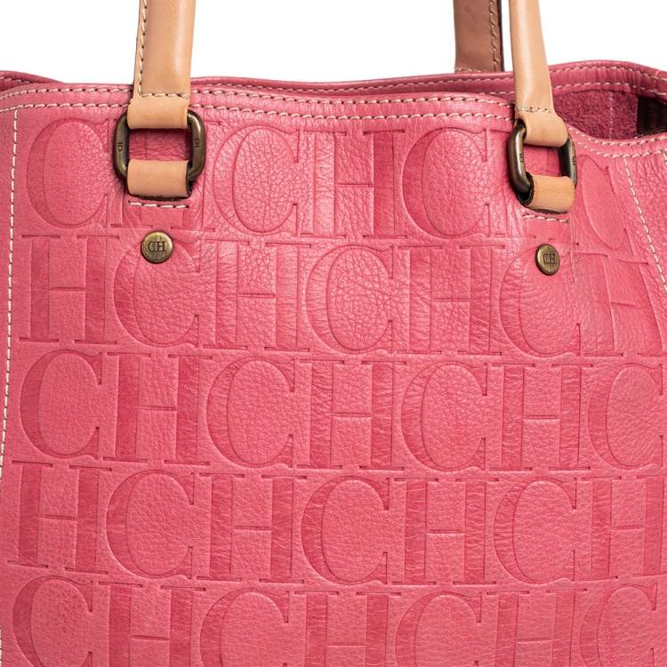 Pre Owned Carolina Herrera Pink Monogram Leather Tote 