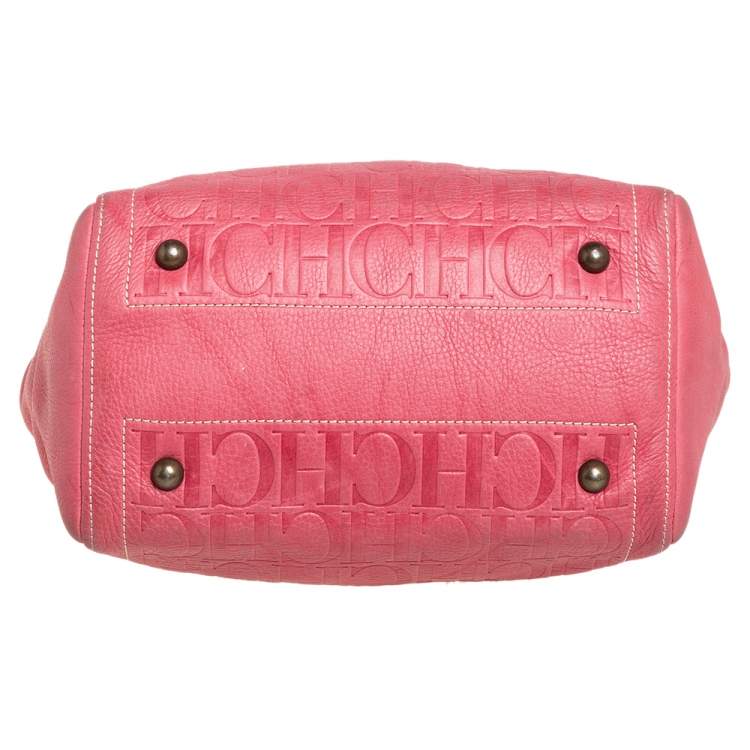 Pre Owned Carolina Herrera Pink Monogram Leather Tote 