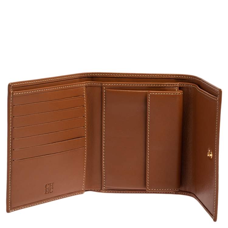 Pre Owned Carolina Herrera Caramel Brown Leather Trifold Compact Wallet