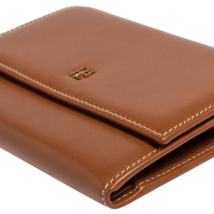 Pre Owned Carolina Herrera Caramel Brown Leather Trifold Compact Wallet