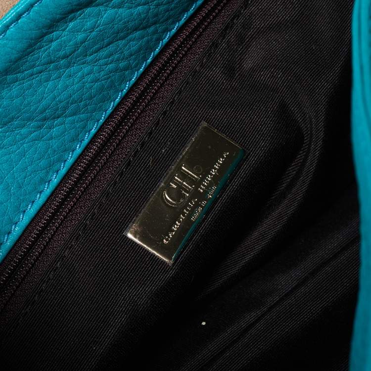 Pre Owned Carolina Herrera Turquoise Monogram Leather Flap Shoulder Bag