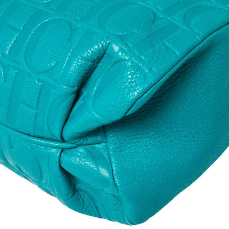 Pre Owned Carolina Herrera Turquoise Monogram Leather Flap Shoulder Bag
