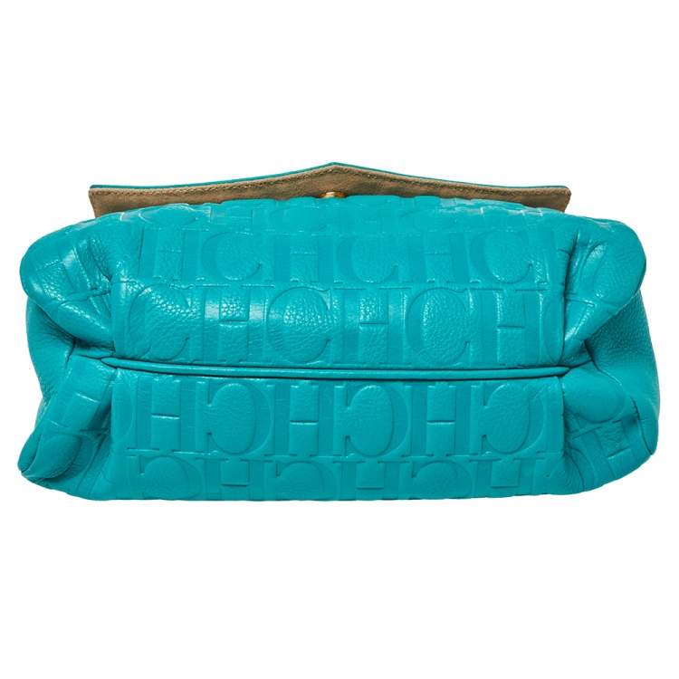 Pre Owned Carolina Herrera Turquoise Monogram Leather Flap Shoulder Bag
