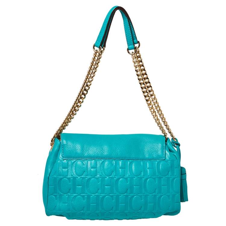 Pre Owned Carolina Herrera Turquoise Monogram Leather Flap Shoulder Bag