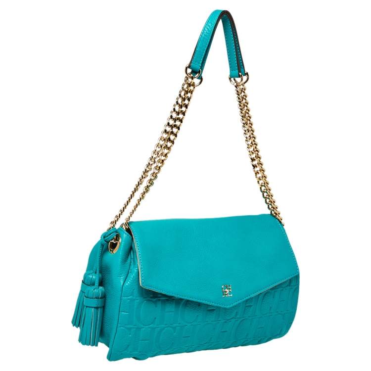 Pre Owned Carolina Herrera Turquoise Monogram Leather Flap Shoulder Bag