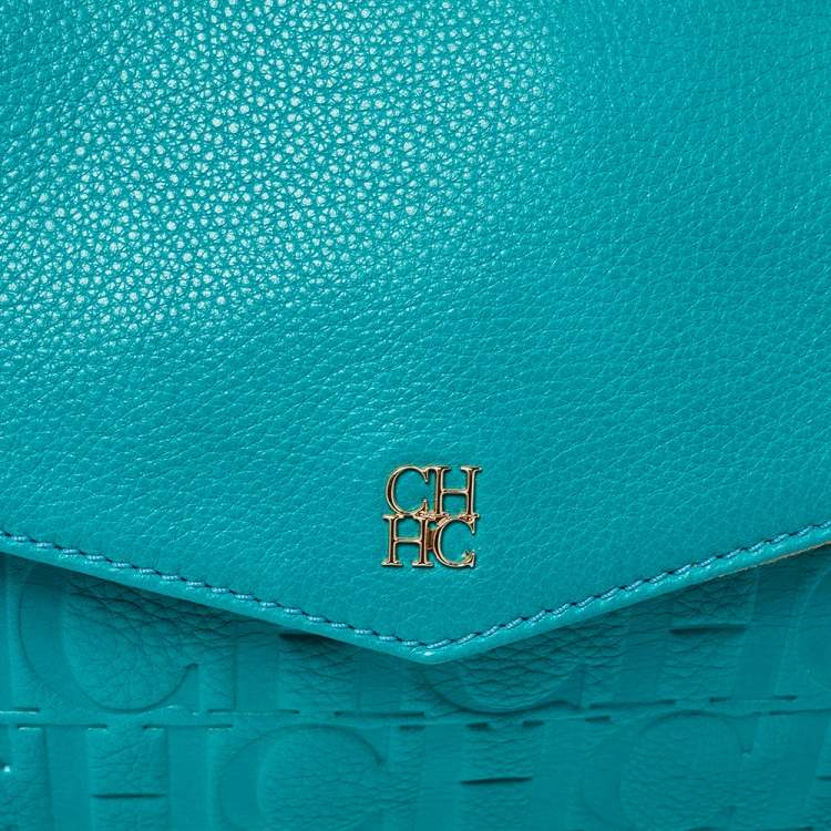 Pre Owned Carolina Herrera Turquoise Monogram Leather Flap Shoulder Bag