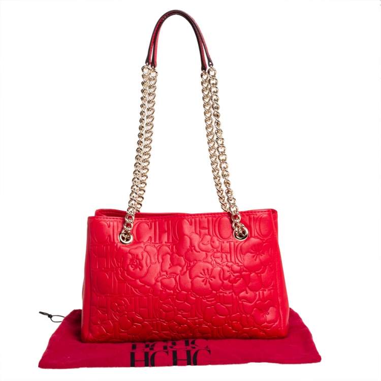 Pre Owned Carolina Herrera Red Embossed Leather Chain Tote