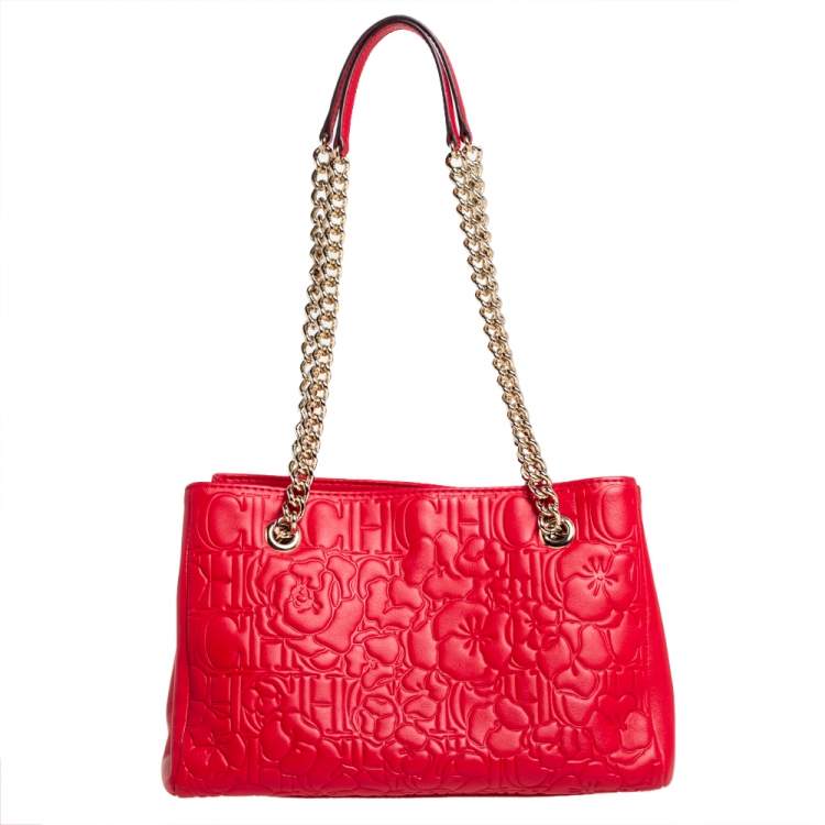 Pre Owned Carolina Herrera Red Embossed Leather Chain Tote