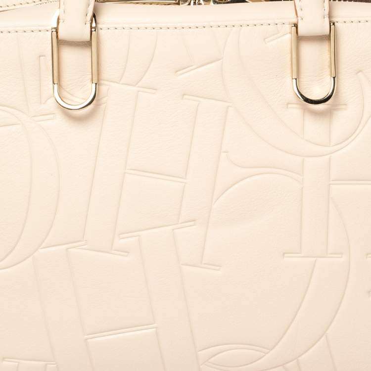 Pre Owned Carolina Herrera Ivory Embossed Leather Duke Satchel