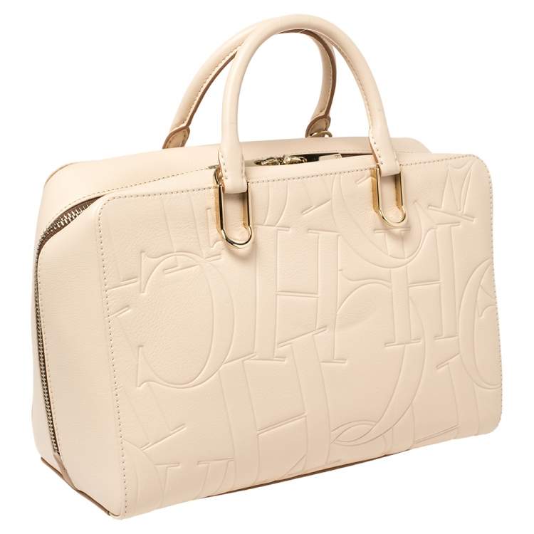 Pre Owned Carolina Herrera Ivory Embossed Leather Duke Satchel