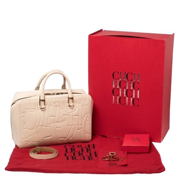 Pre Owned Carolina Herrera Ivory Embossed Leather Duke Satchel