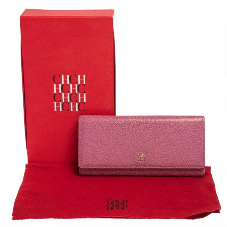 Pre Owned Carolina Herrera Pink Leather Flap Continental Wallet