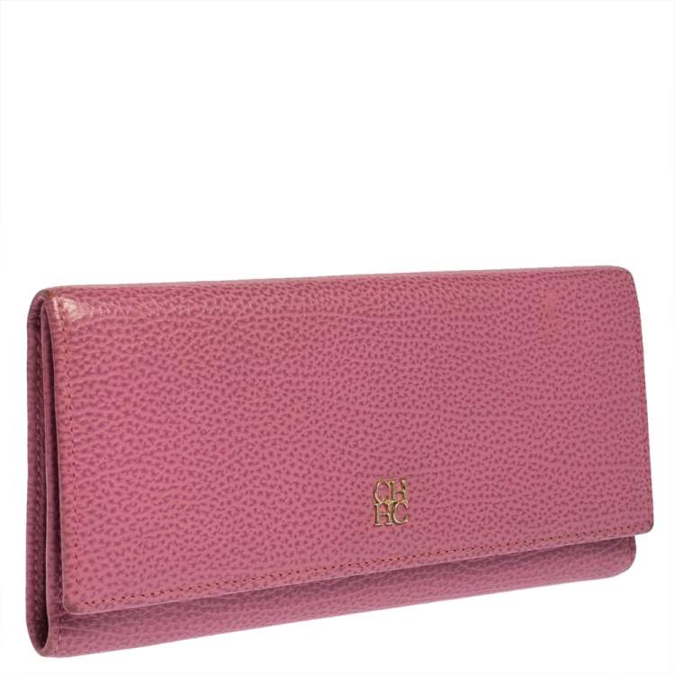 Pre Owned Carolina Herrera Pink Leather Flap Continental Wallet