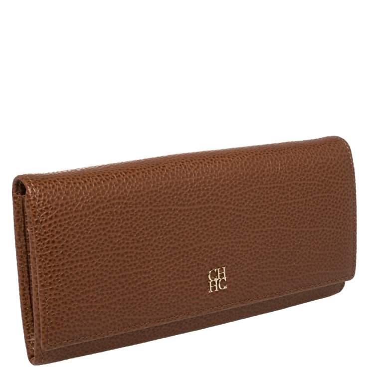 Pre Owned Carolina Herrera Brown Leather Flap Continental Wallet