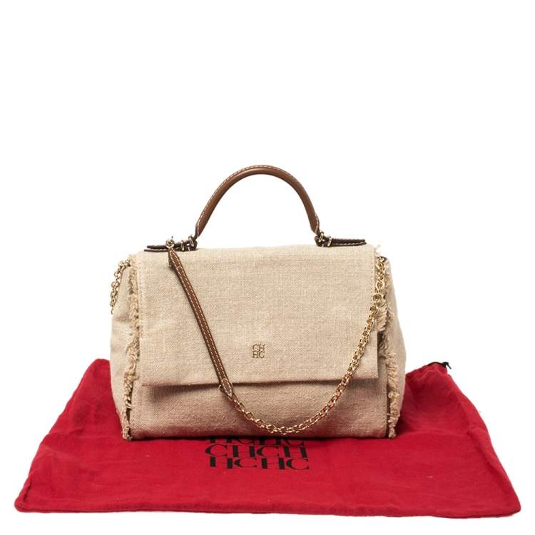 Pre Owned Carolina Herrera Beige Canvas Minuetto Flap Top Handle Bag
