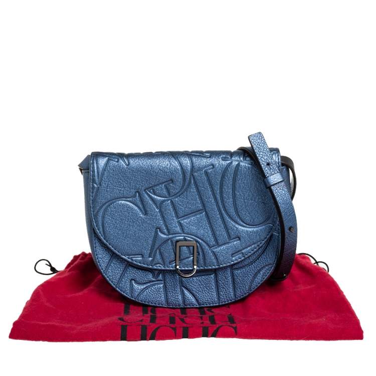 Pre Owned Carolina Herrera Metallic Blue Monogram Leather Crossbody Bag